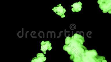 荧光明绿的水在水中蔓延，多滴墨汁.. 这是3D渲染镜头的慢动作墨水